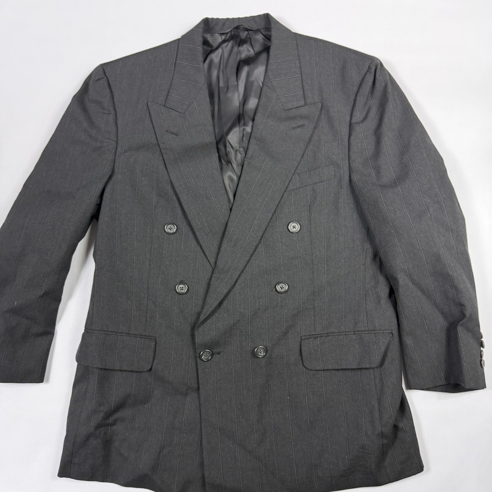 Vintage Burberrys Mens Charcoal Gray Pinstripe Wool Double Breasted Blazer 44R